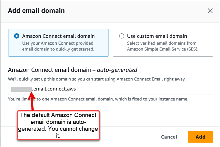 La case Ajouter un domaine de messagerie, l'option Connect Customer e-mail domain.