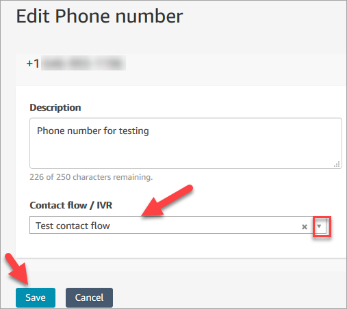 Page Modifier un numéro de téléphone, liste déroulante Flux, le flux que vous avez créé.