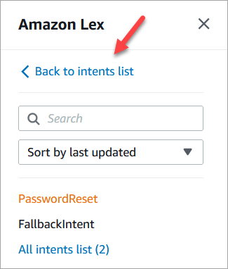 Menu de navigation Amazon Lex, lien Retour à la liste des intentions.