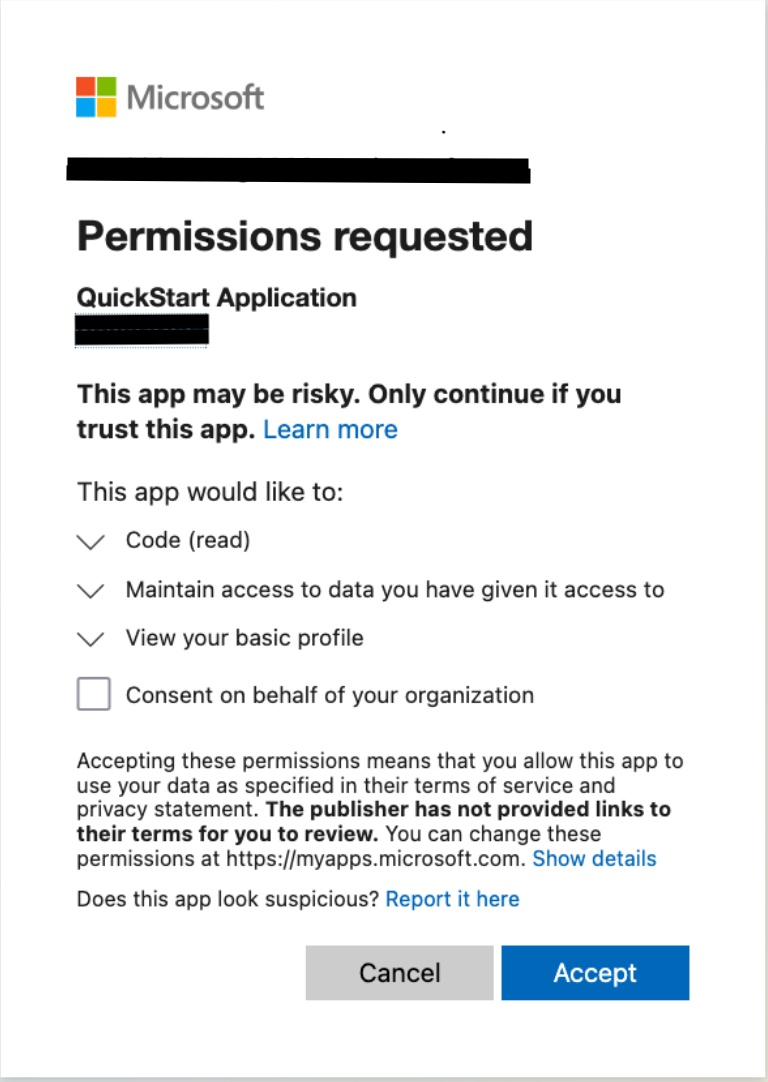 Les autorisations Microsoft demandent une capture d'écran pour les utilisateurs qui créent une connexion à Azure pour la première fois DevOps.