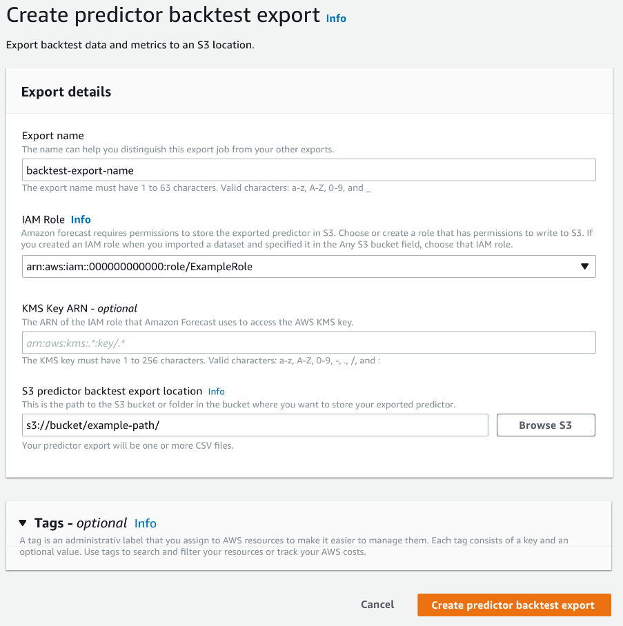 Créez une page d'exportation du backtest du prédicteur avec des champs pour le nom, le IAM rôle et l'emplacement S3 de l'exportation.