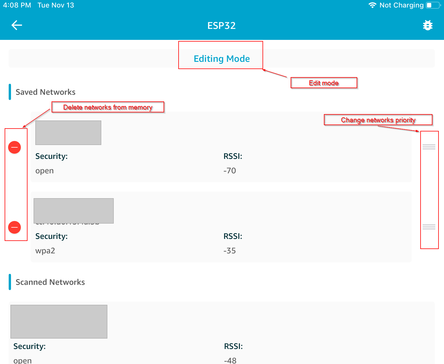 Écran des paramètres du réseau Wi-Fi affichant les réseaux enregistrés, les options de modification pour supprimer ou modifier la priorité et les réseaux scannés.