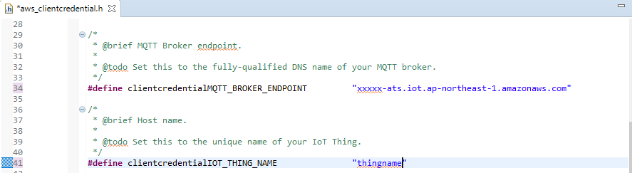 Extrait de code indiquant le nom de l' AWS IoT objet et les paramètres de configuration du point de terminaison du broker.