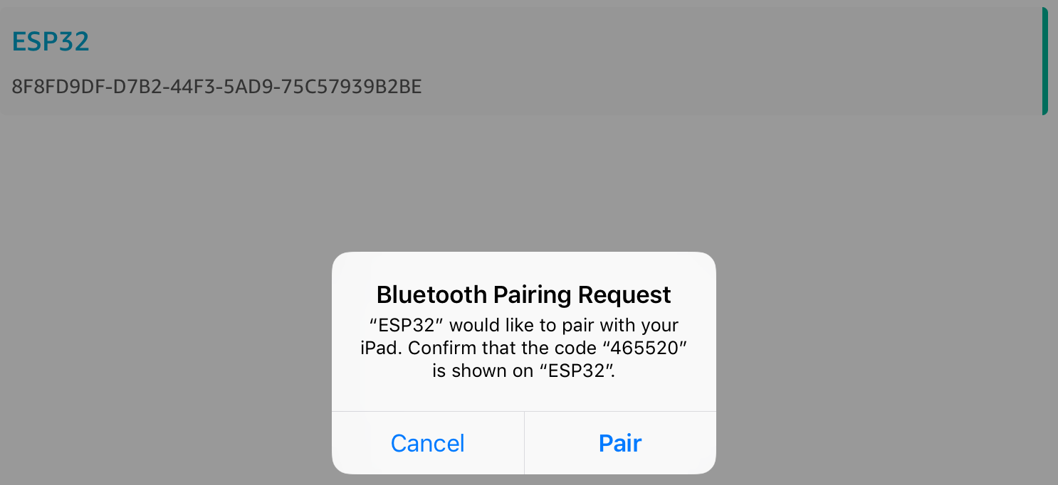 Boîte de dialogue de demande de couplage Bluetooth pour l'appareil « ESP32 » affichant le code « 465520 » pour confirmer sur « ESP32 ».