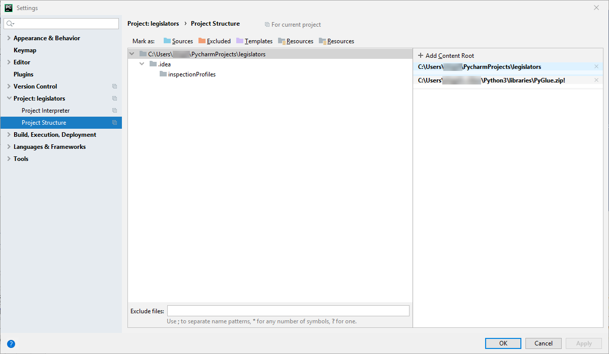 L'écran des PyCharm paramètres avec PyGlue .zip ajouté en tant que racine de contenu.