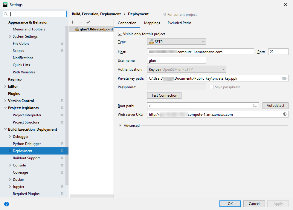 L'écran des PyCharm paramètres avec un serveur SFTP défini.