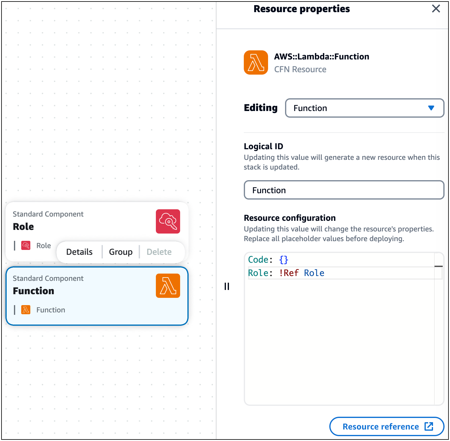 Le panneau des propriétés des ressources de la carte de composant AWS::Lambda::Function standard.