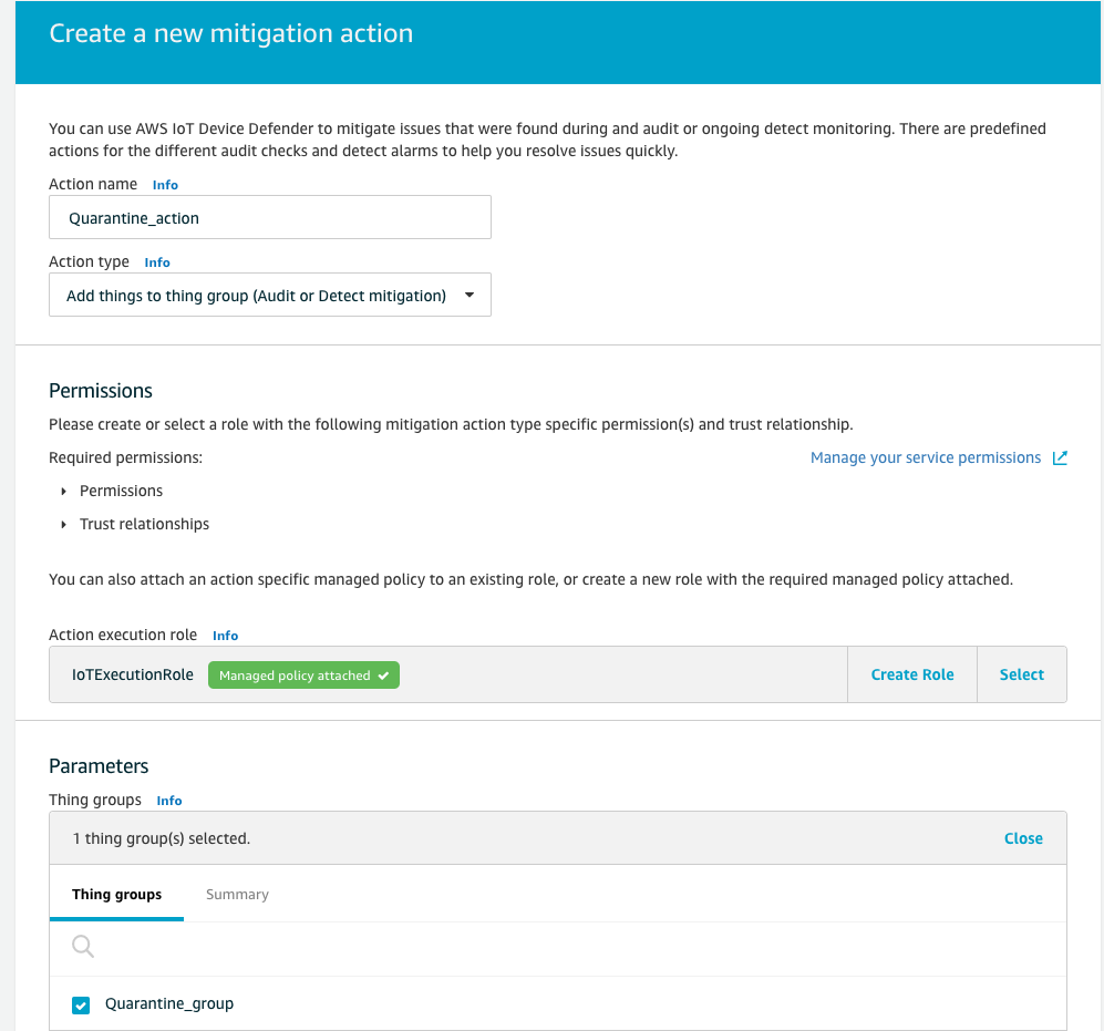 AWS IoT Device DefenderFormulaire de configuration des actions d'atténuation avec les champs Nom de l'action, Type d'action, Autorisations, Rôle d'exécution de l'action et Groupes d'objets.