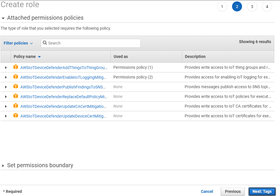 Tableau des politiques d'autorisations pour un rôle AWS IoT Device Defender avec les noms de politique, les descriptions des accès fournis par chaque politique et les options de filtrage ou de recherche de politiques.
