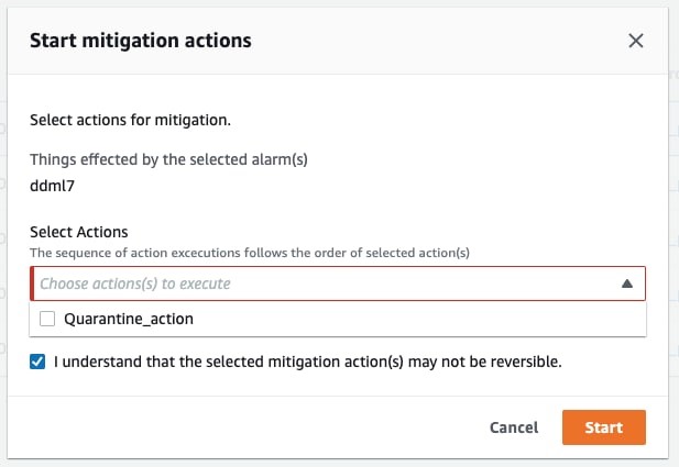 Boîte de dialogue Actions d’atténuation avec « udml7 » répertorié comme l'objet affecté, une case à cocher permettant de confirmer les actions irréversibles et une liste déroulante permettant de choisir les actions à exécuter.