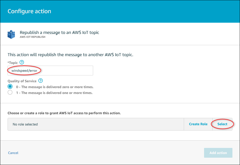 AWS IoT Capture d'écran de la page principale « Configurer l'action de republication » avec le « Sujet » surligné.
