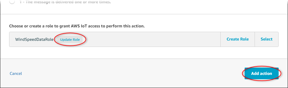 AWS IoT Capture d'écran de la page principale « Configurer l'action de republication » avec le bouton de mise à jour du rôle surligné.