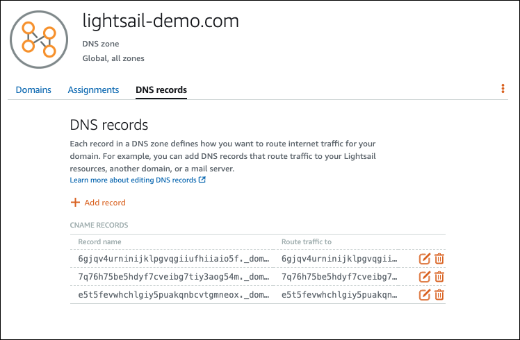 Enregistrements de zone DNS Lightsail pour Amazon SES SMTP.