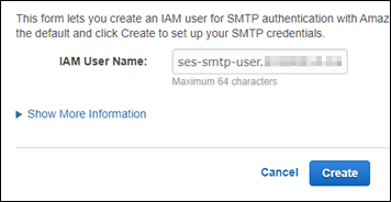 Nom d'utilisateur IAM pour les informations d'identification SMTP dans la console Amazon SES.