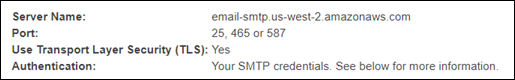 Les paramètres SMTP affichés dans la console Amazon SES.
