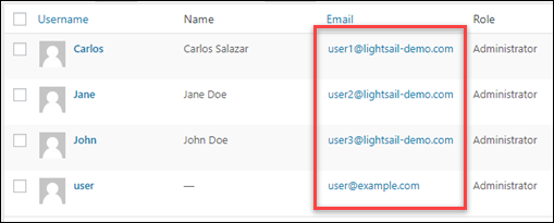 Adresses e-mail des administrateurs dans le WordPress tableau de bord.