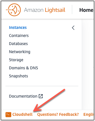 AWS CloudShell dans la barre d'outils de la console Lightsail.
