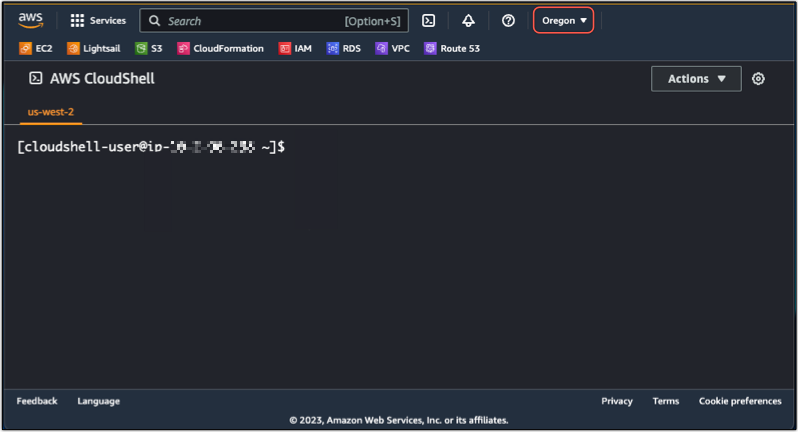 Changez Région AWS l'entrée CloudShell.