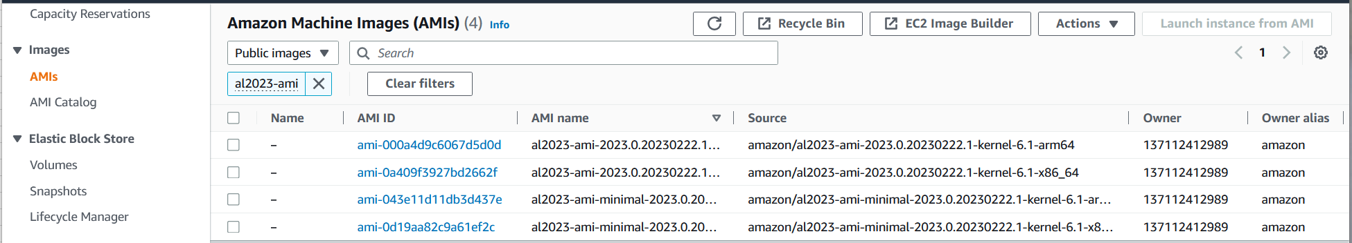 Liste des AMI AL2023 dans la colonne Source