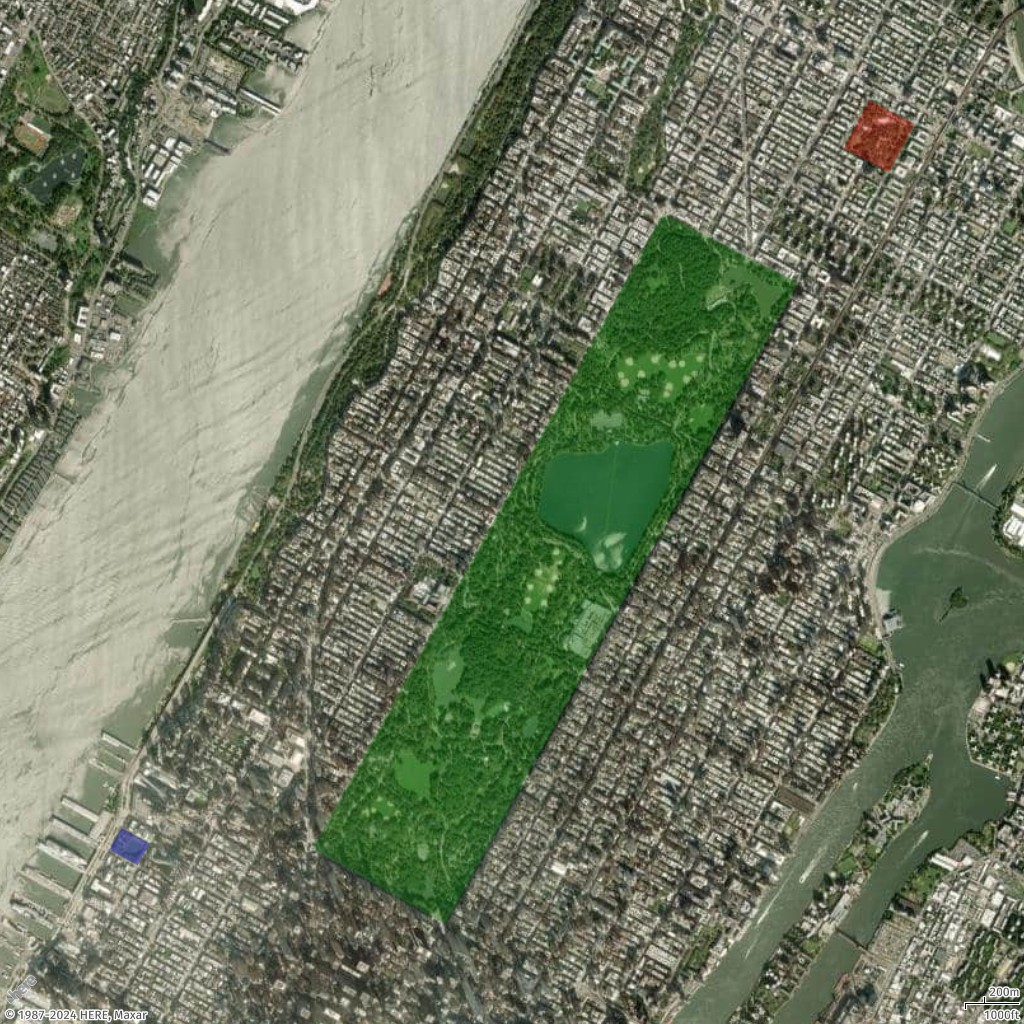 Exemple de carte montrant plusieurs polygones autour des parcs de New York.