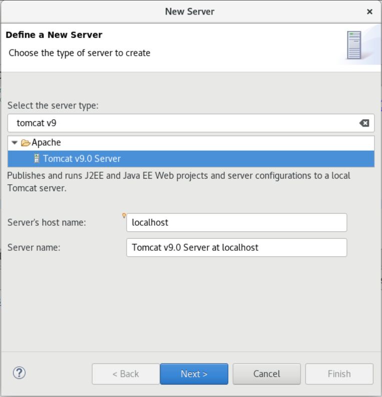 La boîte de dialogue Nouveau serveur. Le serveur Tomcat v9.0 est sélectionné.