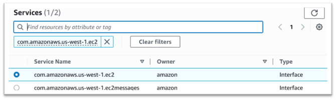 Services avec service d'interface Amazon EC2 sélectionné.