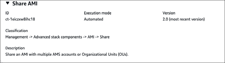 Partagez les détails du type de modification de l'AMI indiquant l'ID, le mode d'exécution, la version et le chemin de classification.
