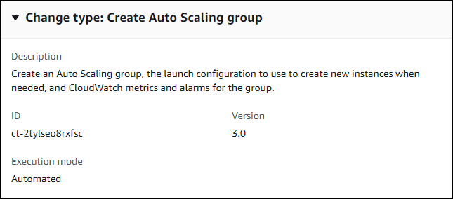 Modification détails de type indiquant la création de Auto Scaling groupes avec ID, version 3.0 et mode d'exécution automatique.