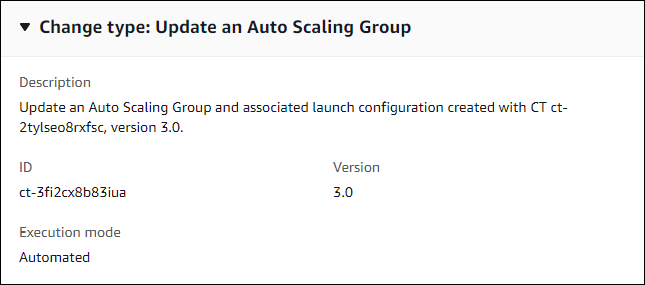 Modification détails de type indiquant la mise à jour Auto Scaling du groupe avec ID, version 3.0 et mode d'exécution automatique.