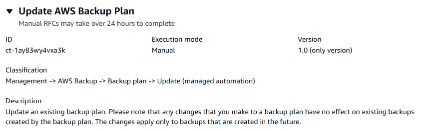 Type de modification AWS Backup du plan de mise à jour indiquant le mode d'exécution manuelle et la version 1.0.