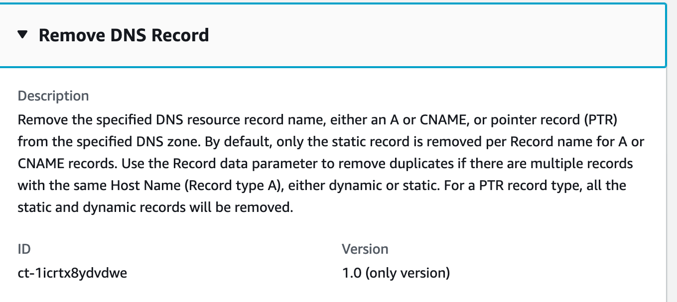 Supprimer la section d'enregistrement DNS indiquant l'ID ct-1icrtx8ydvdwe et la version 1.0 uniquement.