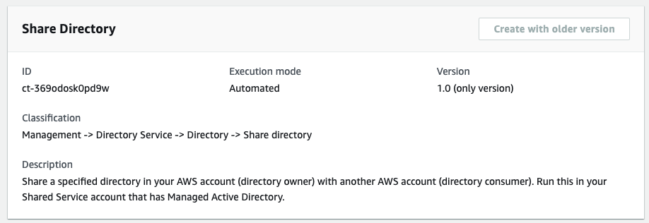 Page de détails du répertoire de partage indiquant l'ID, le mode d'exécution automatisé et la version 1.0.