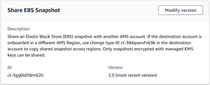 Détails du partage des instantanés EBS avec ID, version et instructions de partage entre régions.