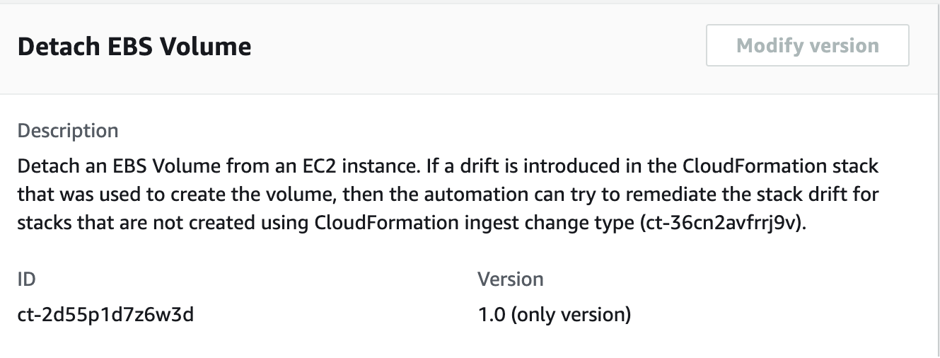 Détachez les détails de l'automatisation du volume EBS indiquant l'ID ct-2d55p1d7z6w3d et la version 1.0.
