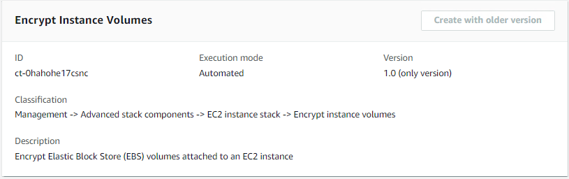Console AMS Advanced, création d'une section RFC, zone de détails de modification du type pour ct-0hahohe17csnc : Chiffrer les volumes d'instance Amazon EC2.
