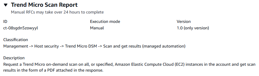 Console AMS Advanced, création d'une section RFC, zone de détails de modification du type pour ct-08sgdn5zowyyl : scan Trend Micro (automatisation gérée).