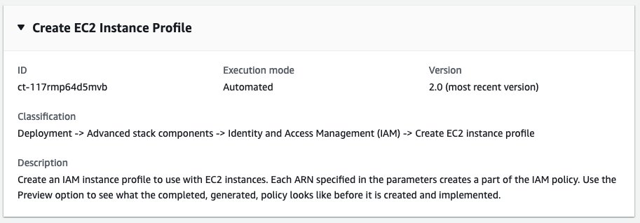 Créez une interface de profil d'instance EC2 indiquant l'ID, le mode d'exécution et les détails de classification.