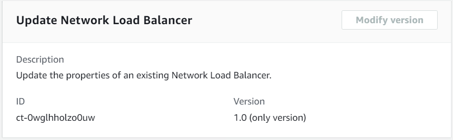 Network Load Balancer Page de mise à jour indiquant l'ID ct-0wglhholzo0uw et la version 1.0.