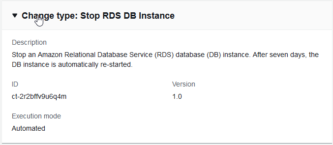 Console AMS Advanced, création d'une section RFC, boîte de modification des détails du type pour ct-2r2bffv9u6q4m : RDS Database Stack | Stop DB Instance.