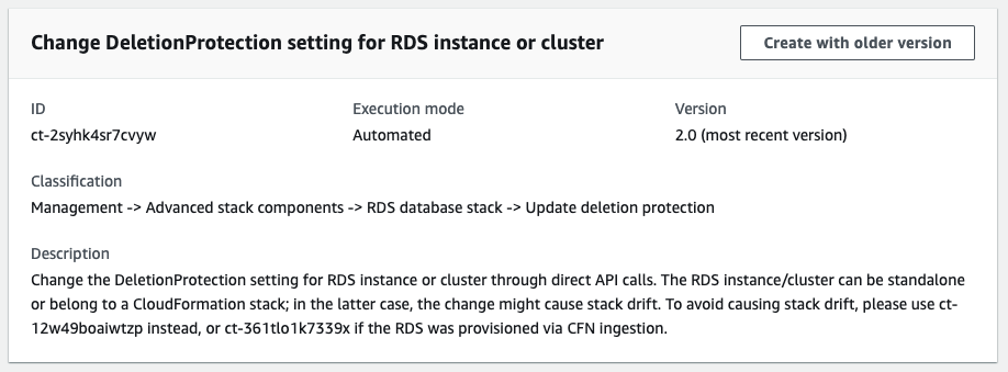 Modification DeletionProtection paramètre pour une instance ou une cluster page RDS indiquant les champs d'ID, de mode d'exécution, de version, de classification et de description.