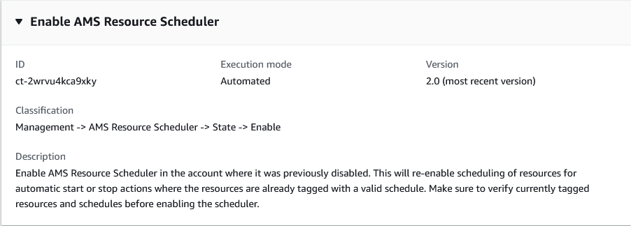AMS Panneau de configuration du planificateur de ressources indiquant l'ID, le mode d'exécution et les détails de la version.