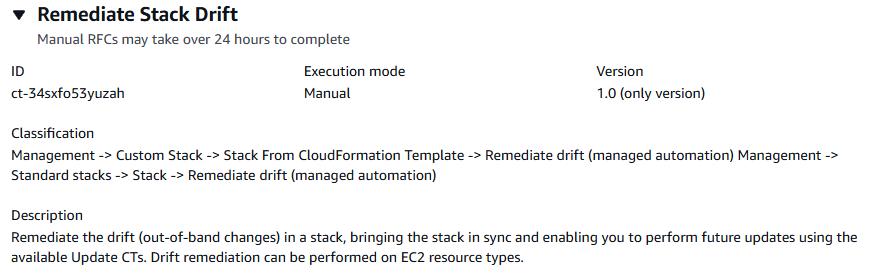 L'interface de Remediate Stack Drift affiche l'ID, le mode d'exécution, la version et les détails de la description.
