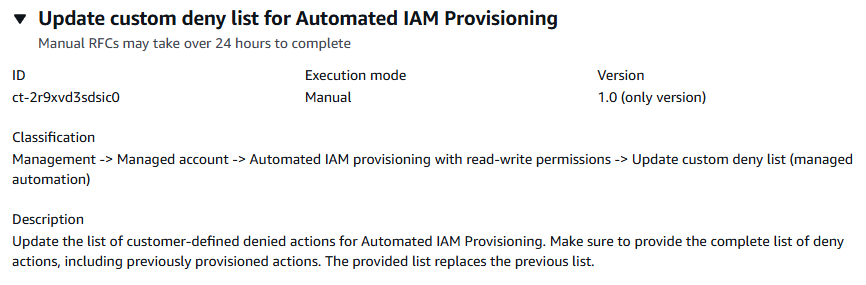 Formulaire de mise à jour de la liste de refus personnalisée dans Automated IAM Provisioning, indiquant les détails de l'ID et de la classification.