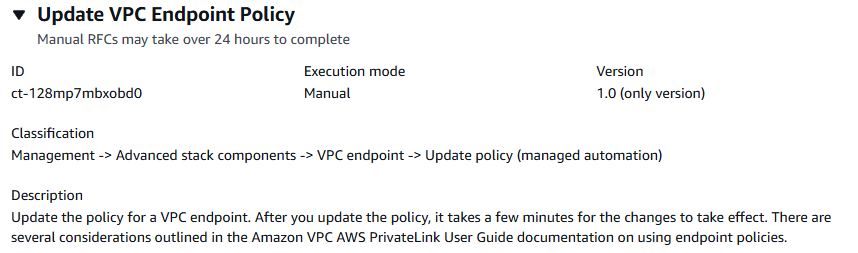 Mettez à jour les détails du type de modification de la politique du point de terminaison VPC en indiquant les champs d'ID, de mode d'exécution et de version.