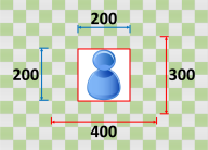 Schéma illustrant une icône utilisateur bleue entourée de dimensions numérotées : 200, 300 et 400.