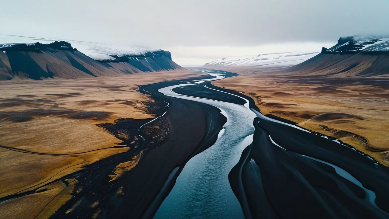 vue aérienne d’une rivière sombre serpentant à travers un paysage islandais austère, qualité cinématographique