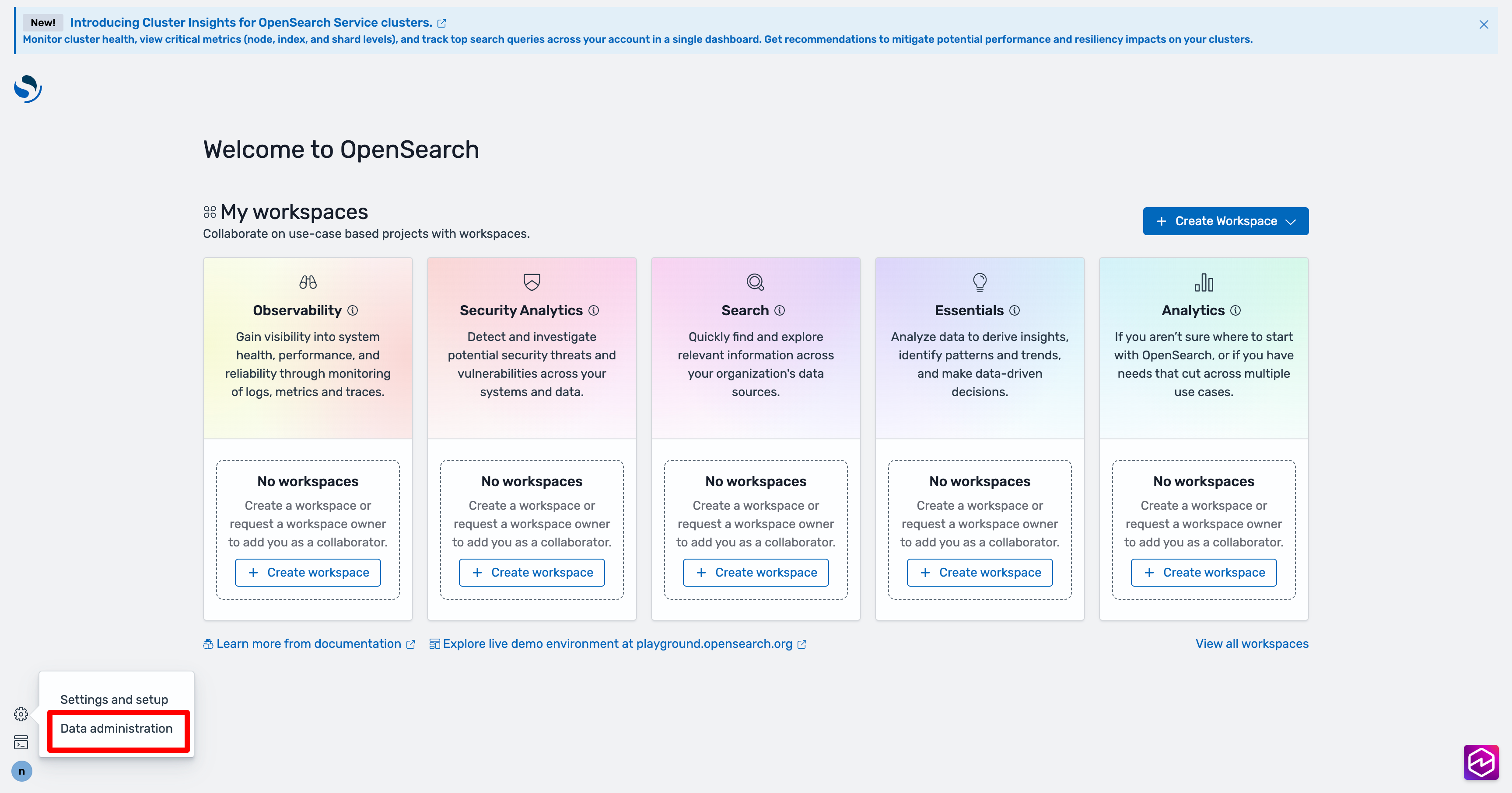Option d'administration des données mise en évidence dans le menu de navigation de gauche.