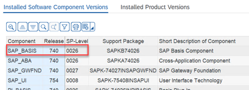 Exemple de l'onglet Versions des composants logiciels installés sur le portail.