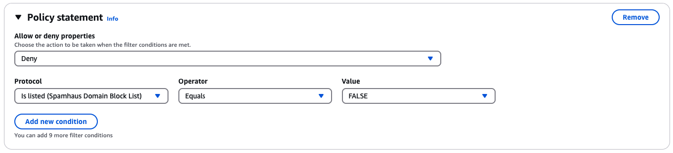 Utiliser l'extension Spamhaus Domain Block List dans le cadre d'une déclaration de politique pour bloquer les e-mails entrant dans votre point de terminaison d'entrée.