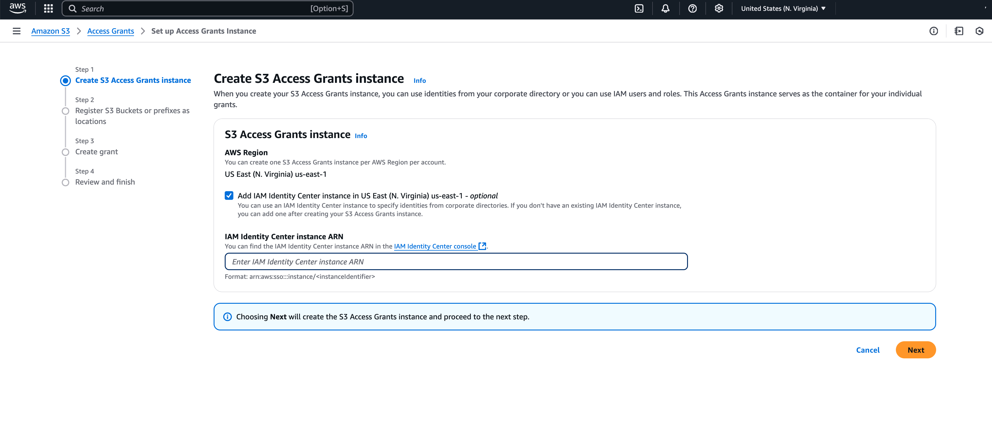 Créez une page d'Access Grantsinstance S3 dans la console S3 Access Grants.